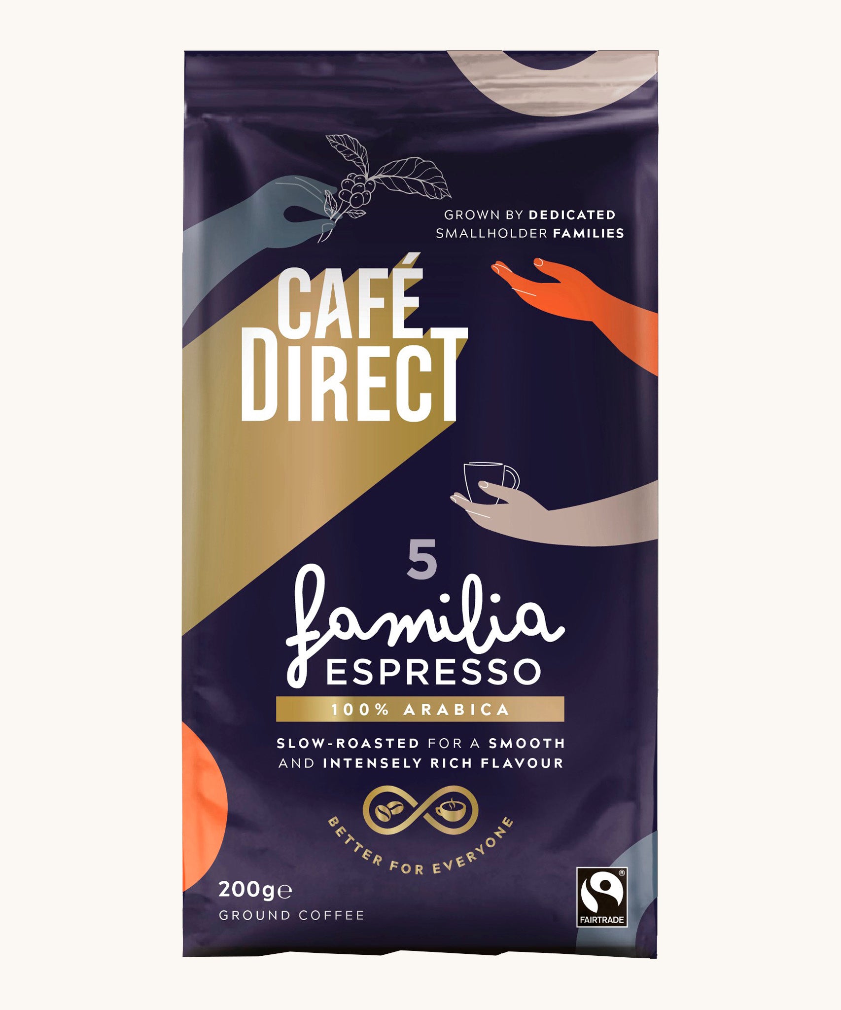 Decorated 200g bag holding the Cafe direct fair trade familia espresso ground coffee
