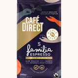 Decorated 200g bag holding the Cafe direct fair trade familia espresso whole coffee beans