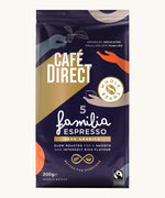 Decorated 200g bag holding the Cafe direct fair trade familia espresso whole coffee beans