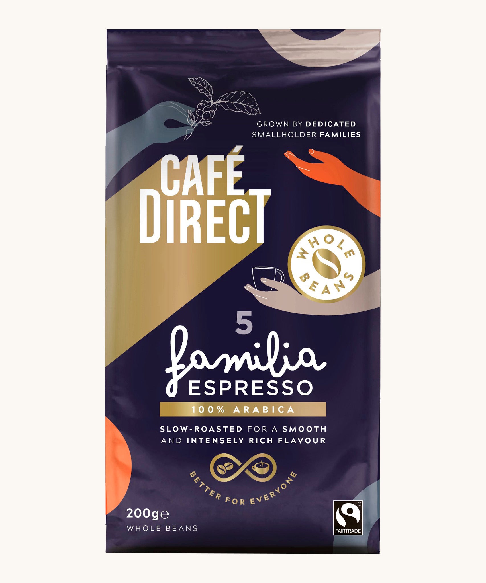 Decorated 200g bag holding the Cafe direct fair trade familia espresso whole coffee beans