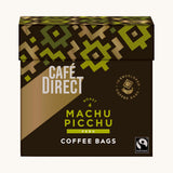 Green Aztec design box holding the Cafe direct fair trade Machu Picchu decaf coffee bags. Box contains 10 bags