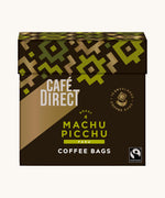 Green Aztec design box holding the Cafe direct fair trade Machu Picchu decaf coffee bags. Box contains 10 bags