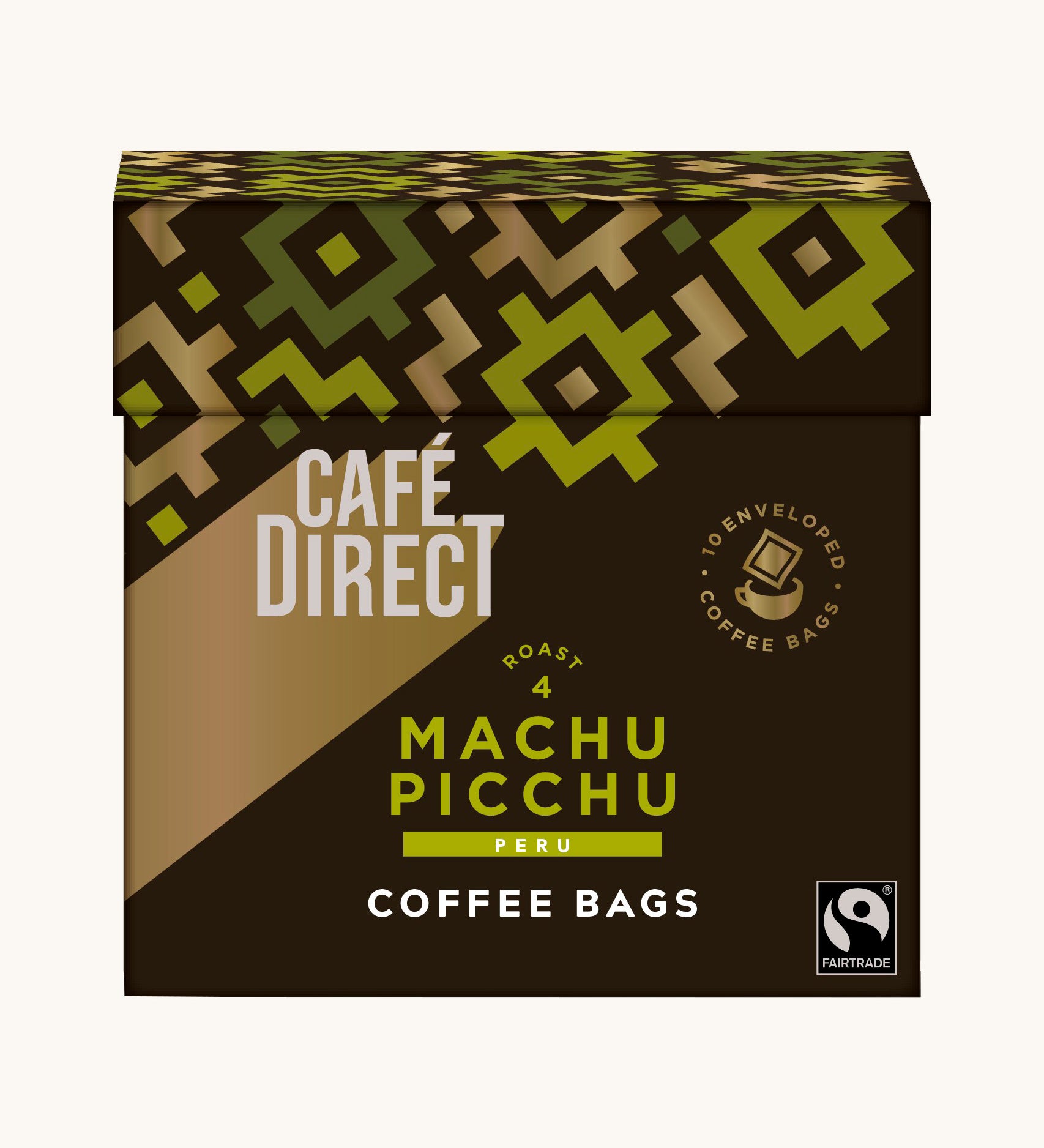 Green Aztec design box holding the Cafe direct fair trade Machu Picchu decaf coffee bags. Box contains 10 bags
