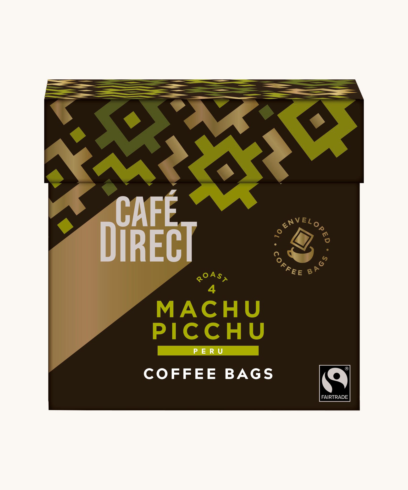 Green Aztec design box holding the Cafe direct fair trade Machu Picchu decaf coffee bags. Box contains 10 bags