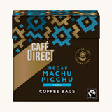 Blue Aztec design box holding the Cafe direct fair trade Machu Picchu decaf coffee bags. Box contains 10 bags