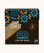 Blue Aztec design box holding the Cafe direct fair trade Machu Picchu decaf coffee bags. Box contains 10 bags
