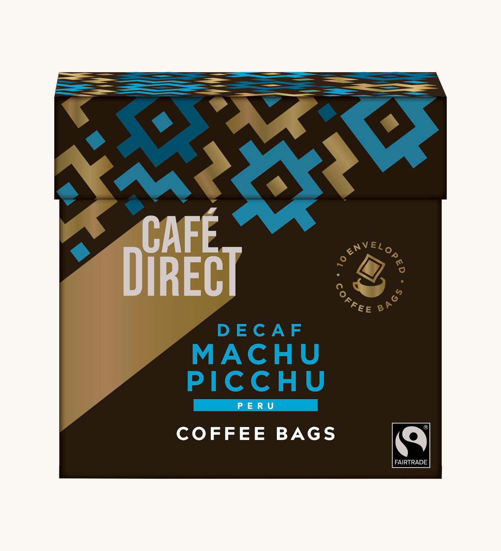 Blue Aztec design box holding the Cafe direct fair trade Machu Picchu decaf coffee bags. Box contains 10 bags