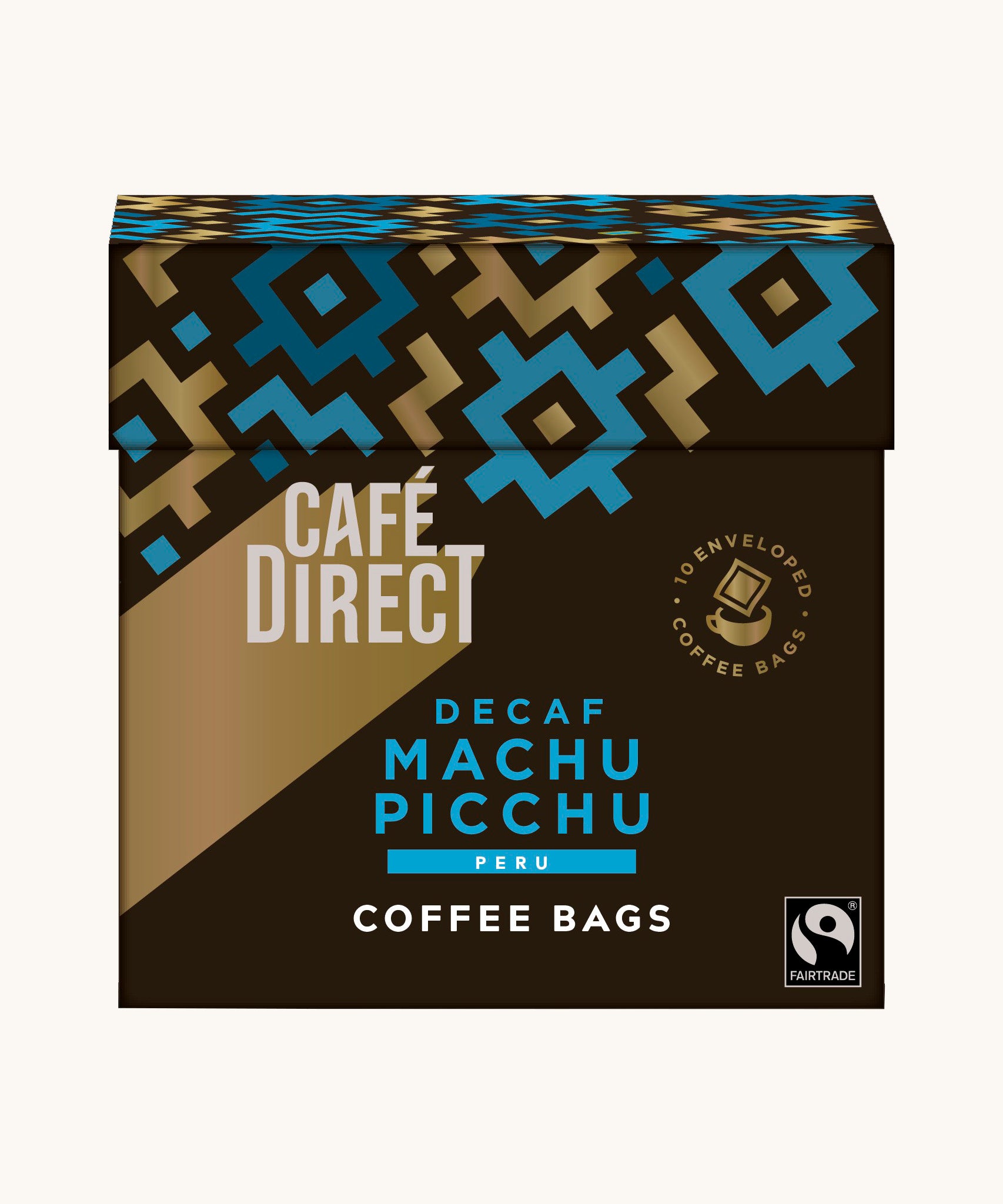 Blue Aztec design box holding the Cafe direct fair trade Machu Picchu decaf coffee bags. Box contains 10 bags