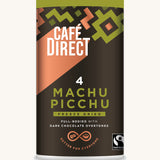 Green and bronze Aztec design 100g tin holding the Cafe direct fair trade Machu Picchu freeze dried ground coffee