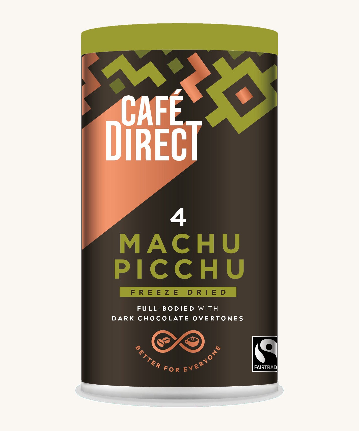 Green and bronze Aztec design 100g tin holding the Cafe direct fair trade Machu Picchu freeze dried ground coffee