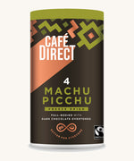 Green and bronze Aztec design 100g tin holding the Cafe direct fair trade Machu Picchu freeze dried ground coffee