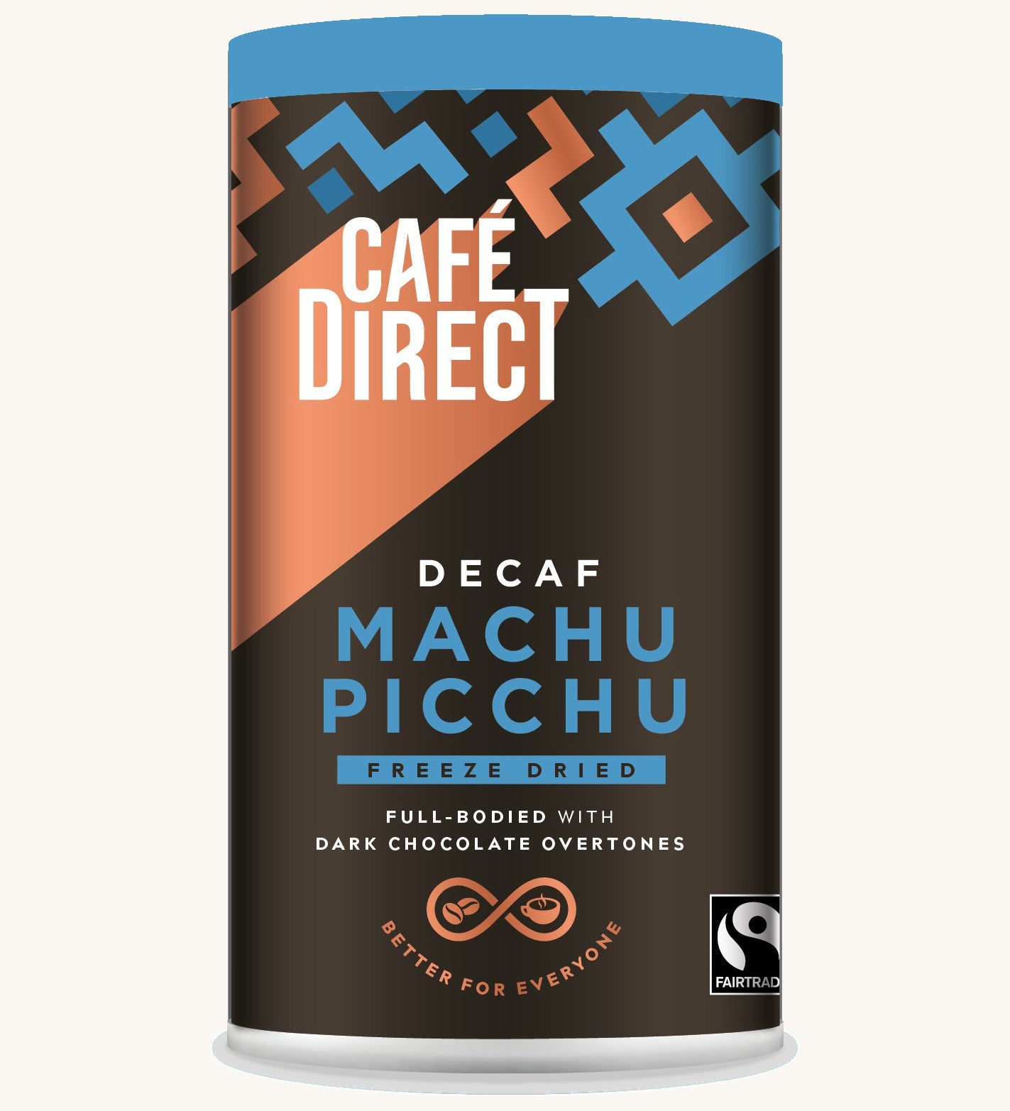Blue Aztec design 100g tin holding the Cafe direct fair trade Machu Picchu decaf freeze dried ground coffee