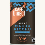 Blue Aztec design 100g tin holding the Cafe direct fair trade Machu Picchu decaf freeze dried ground coffee