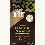 Green Aztec design 200g bag holding the Cafe direct fair trade Machu Picchu whole coffee beans