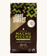 Green Aztec design 200g bag holding the Cafe direct fair trade Machu Picchu whole coffee beans
