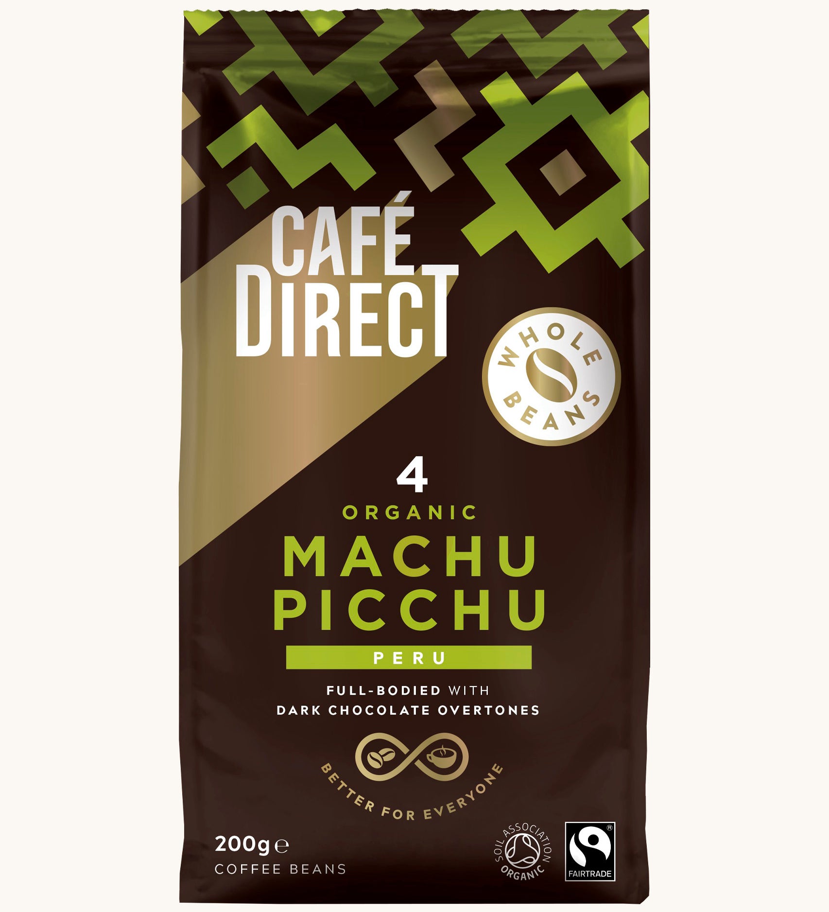 Green Aztec design 200g bag holding the Cafe direct fair trade Machu Picchu whole coffee beans