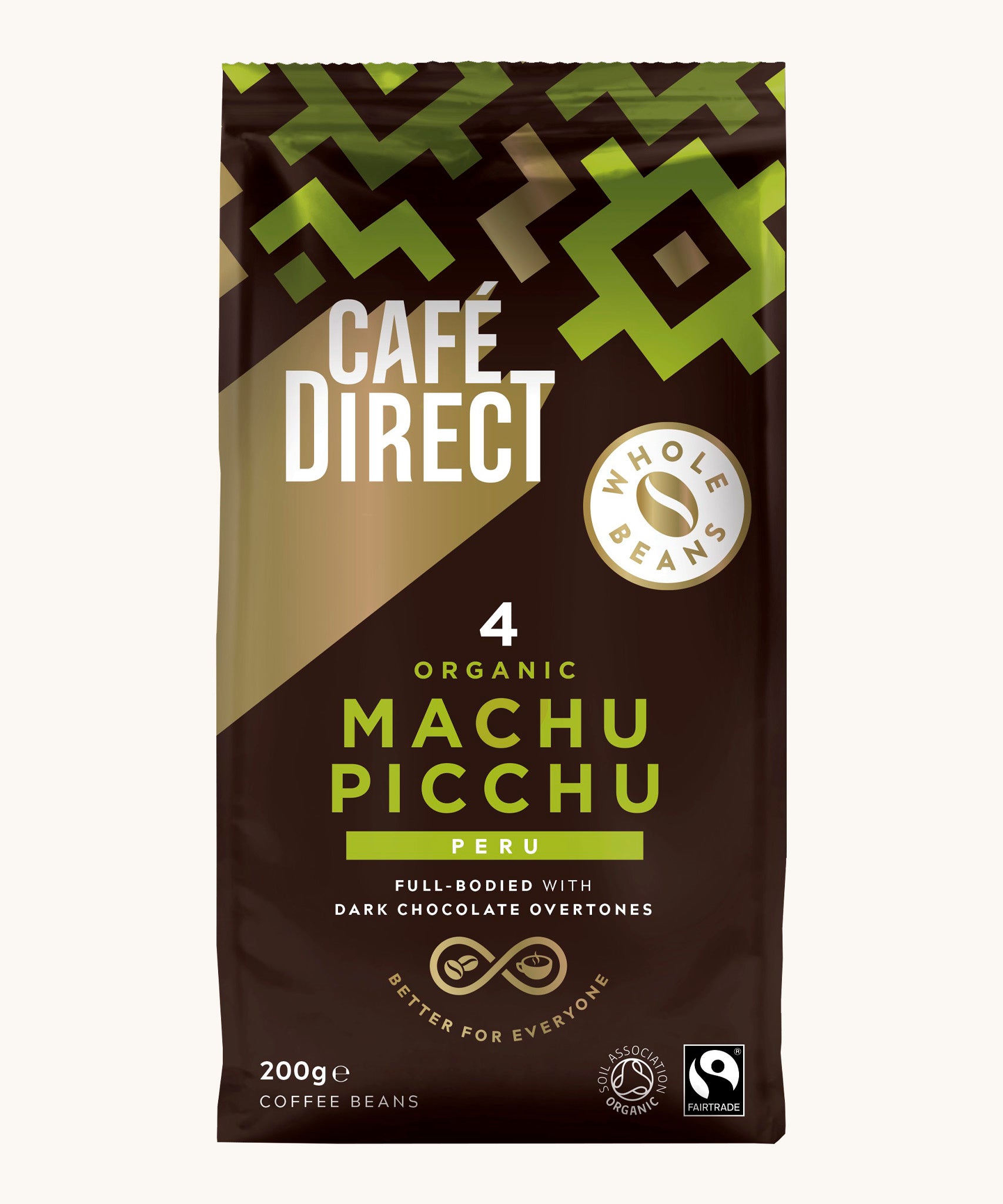 Green Aztec design 200g bag holding the Cafe direct fair trade Machu Picchu whole coffee beans