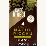 Green Aztec design 750g bag holding the Cafe direct fair trade Machu Picchu whole coffee beans