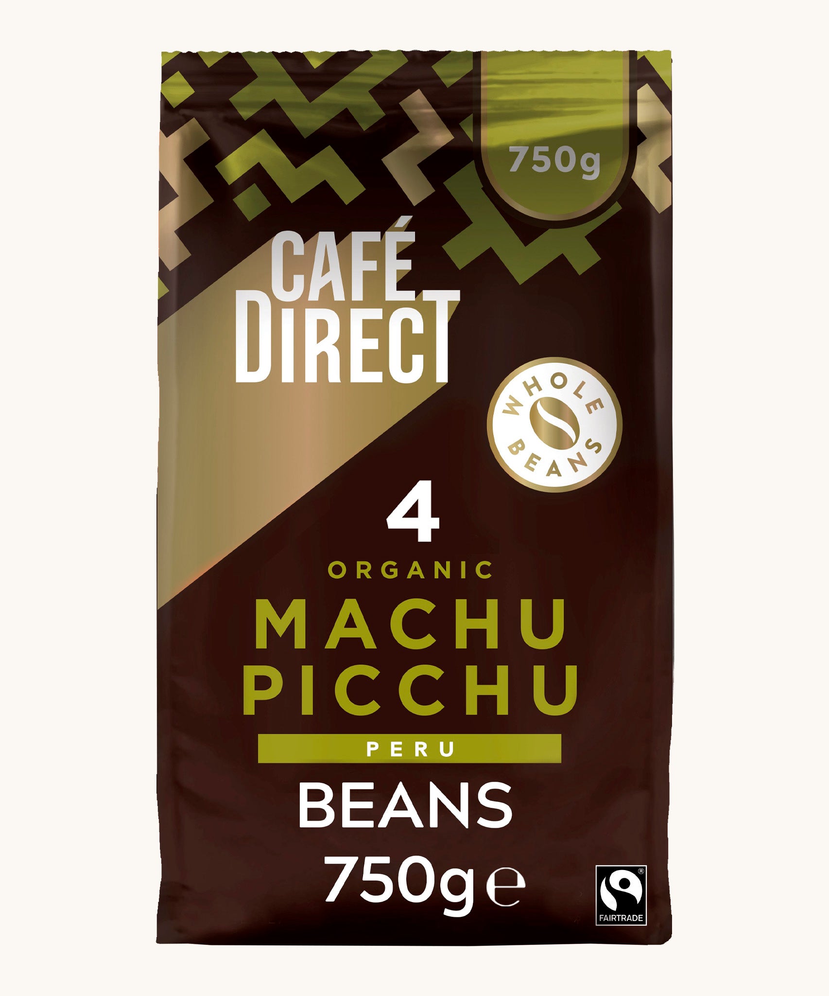 Green Aztec design 750g bag holding the Cafe direct fair trade Machu Picchu whole coffee beans