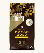 Gold Aztec design 200g bag holding the Cafe direct fair trade Mayan gold whole coffee beans