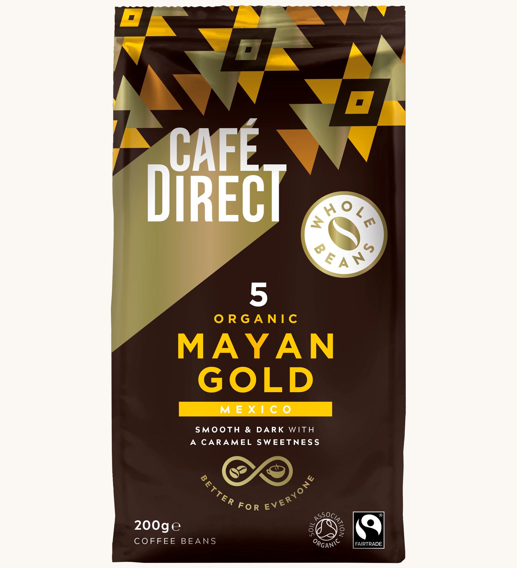 Gold Aztec design 200g bag holding the Cafe direct fair trade Mayan gold whole coffee beans