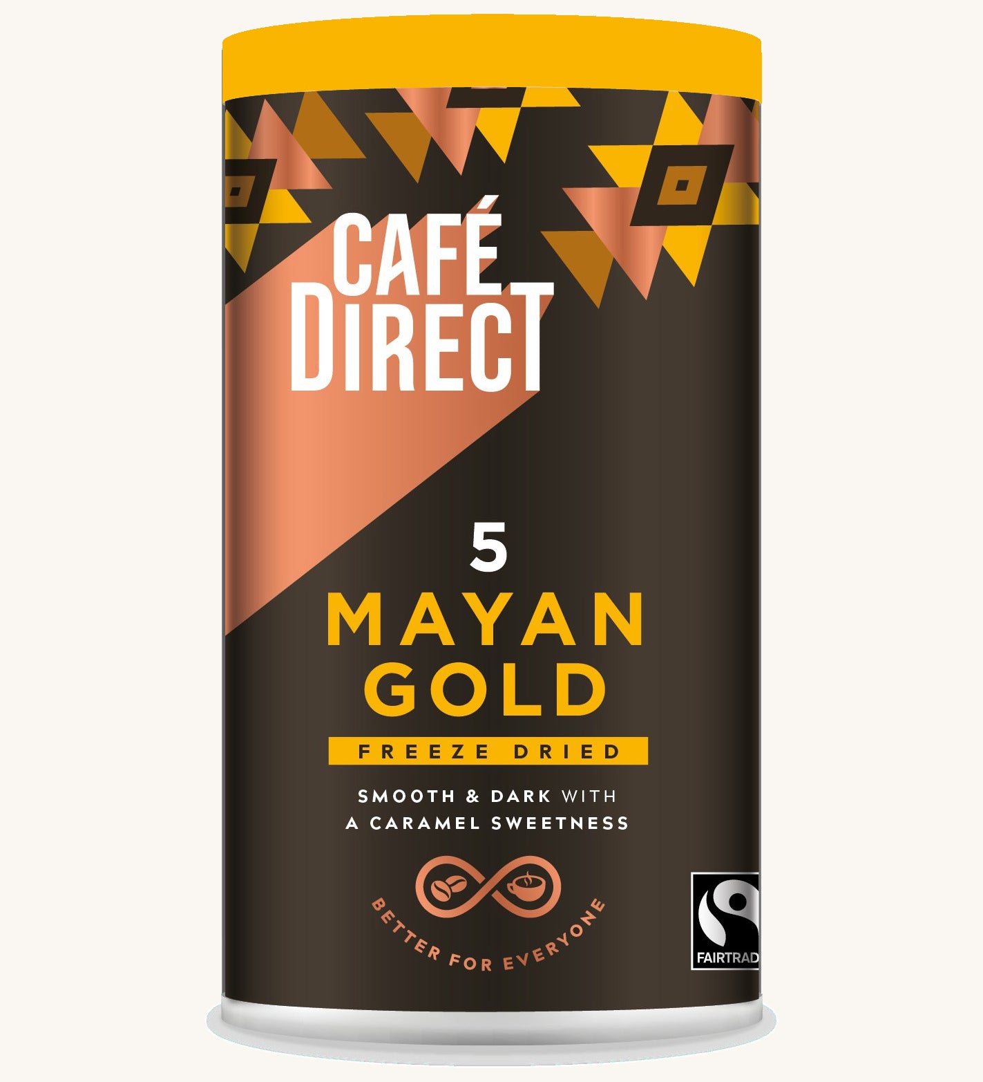Gold Aztec design tin holding the Cafe direct fair trade Mayan Gold decaf freeze dried ground coffee