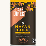 Gold Aztec design tin holding the Cafe direct fair trade Mayan Gold decaf freeze dried ground coffee