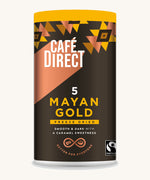 Gold Aztec design tin holding the Cafe direct fair trade Mayan Gold decaf freeze dried ground coffee