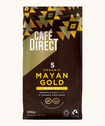 Golz Aztec design 200g bag holding the Cafe direct fair trade Mayan gold ground coffee
