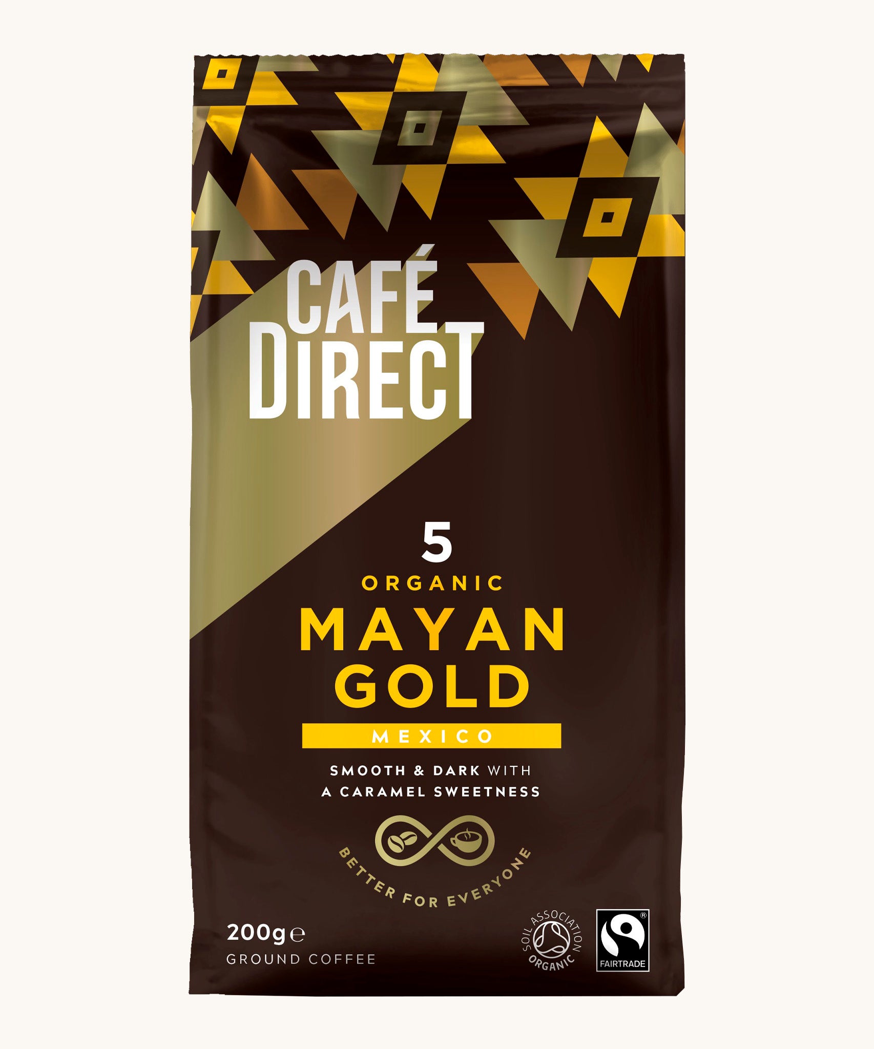 Golz Aztec design 200g bag holding the Cafe direct fair trade Mayan gold ground coffee