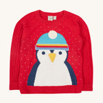 Caleb Character Knit Jumper - True Red/Penguin. Made from 100% soft organic cotton in a Penguin design with embroidery on the front. Featuring cable knit sleeves, this baby and toddler jumper has button fastenings and extra long rib cuffs on the sleeves that unfold