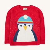 Caleb Character Knit Jumper - True Red/Penguin. Made from 100% soft organic cotton in a Penguin design with embroidery on the front. Featuring cable knit sleeves, this baby and toddler jumper has button fastenings and extra long rib cuffs on the sleeves that unfold