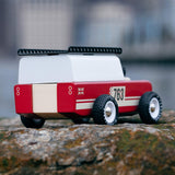 Candylab Drifter Nigel car stood on top of a stone, showing the car from the back