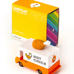The The Candylab Candyvan - Fried Chicken Van from the top, next to its cardboard bx packaging on a white background