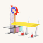 Candylab Rocket Fuel Station is a colourful petrol station for the Candylab cars and vans. There are two petrol pumps under a yellow shade, and a colourful rocket ship rocket fuel sign