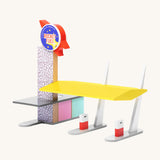 Candylab Rocket Fuel Station is a colourful petrol station for the Candylab cars and vans. There are two petrol pumps under a yellow shade, and a colourful rocket ship rocket fuel sign