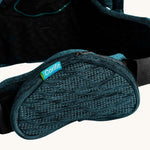 A closer look at the zip up storage pouch on the waist band of the Carifit+ Baby Carrier in Cool Green. This is also available on the Cool Grey carrier
