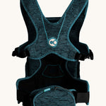 Carifit+ Fabric Baby Carrier in Cool Green, shown from the back showing the adjustable straps and zip up storage pouch, on a cream background