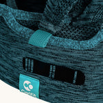 A closer look at the waist strap of the Carifit+ Baby Carrier in Cool Green showing the fabric details