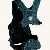 Th back of the Carifit+ Baby Carrier in Cool Green showing the supportive back panel, adjustable straps and zip up storage pouch, on a cream background