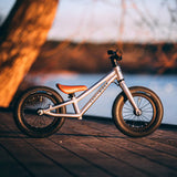 The Early Rider Charger Balance Bike - Violet Haze is stood on a dark wood decking, with a calming lake and tree background in the setting sun