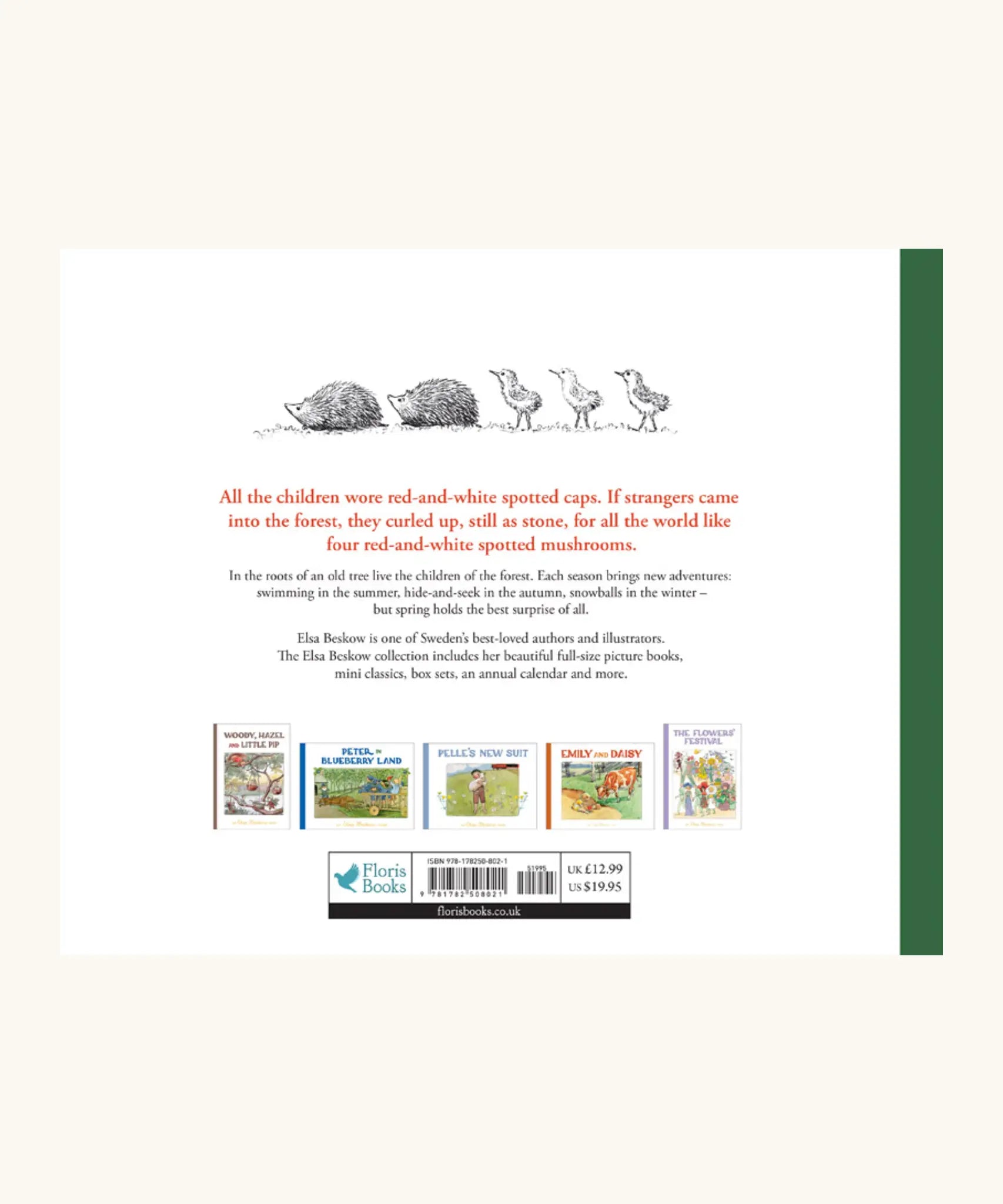Back of Cover of Children of the forest book from Elsa Beskow showing illustrations of hedgehogs and ducklings