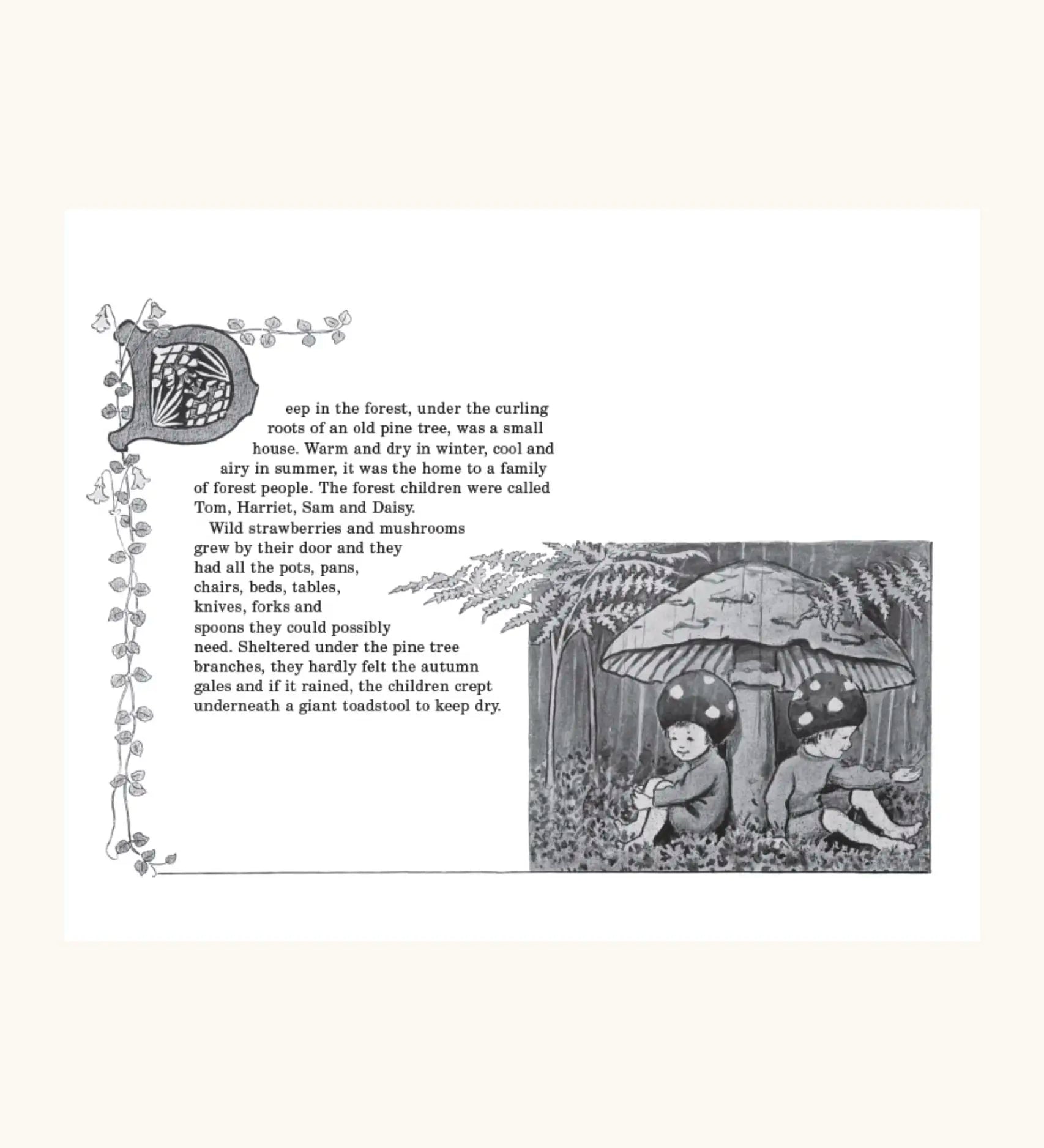 A page from Children of the forest book from Elsa Beskow showing a illustration of forest children under a mushroom