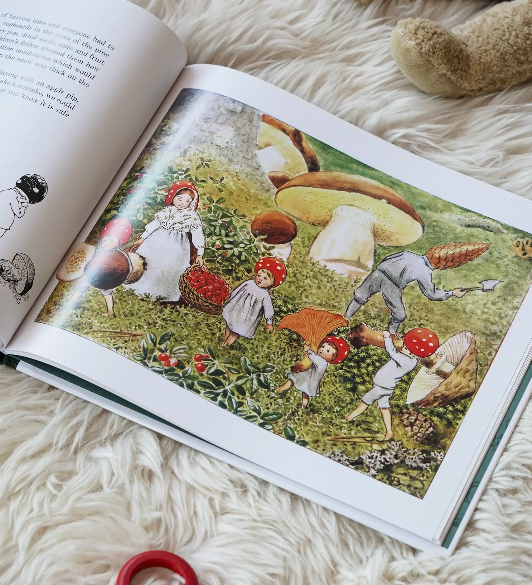 Children of the forest children's book by Elsa Beskow. Illustration features toadstool children collecting berries and conkers in autumn.