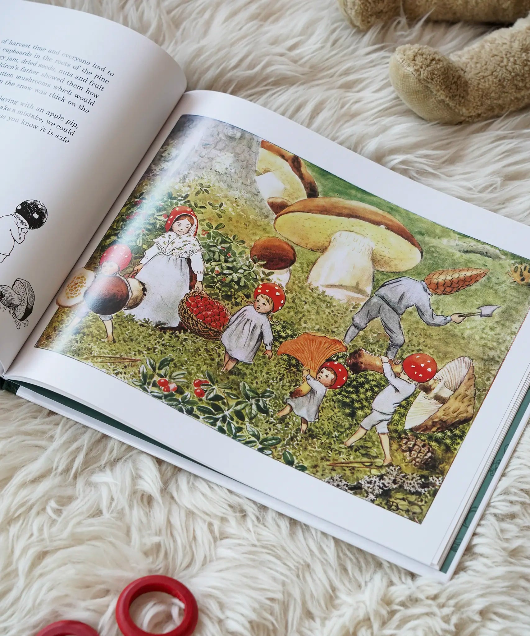 Children of the forest children's book by Elsa Beskow. Illustration features toadstool children collecting berries and conkers in autumn.