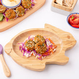 Eco Rascals Natural Bamboo Plate, full of food with food plates surrounding it
