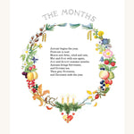 The Months poem inside the Around The Year book by Elsa Beskow. The images shows a small poem describing the months with a fruit and floral circle around the outside of the poem. Each flower and fruit is representing a month of the year. The image is on a cream background.