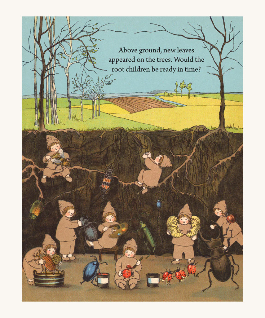A page from The Story of the Root Children showing little children underground cleaning and helping little insects