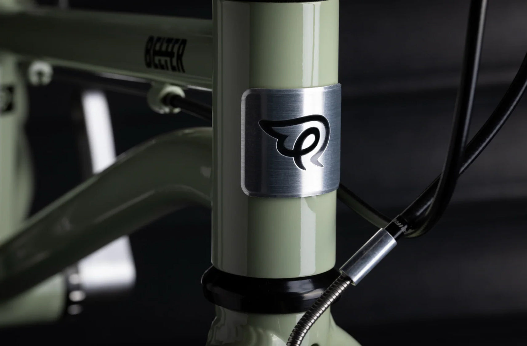 Close-up of Early Rider logo on a sage green bicycle frame with a dark background