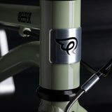 Close-up of Early Rider logo on a sage green bicycle frame with a dark background